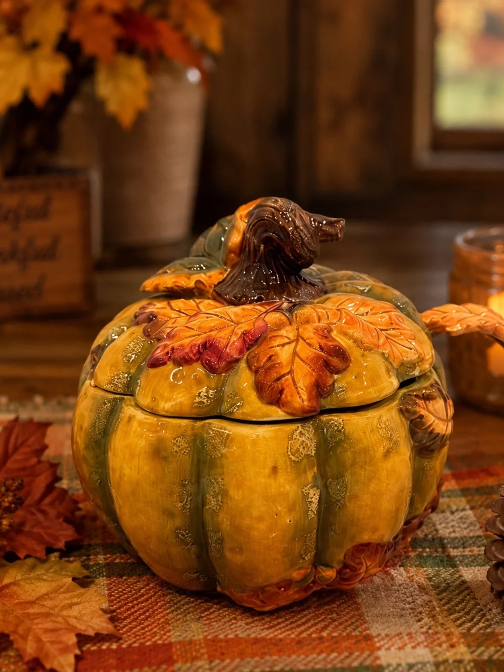 Baum Bros. Pumpkin Soup Tureen in Yellow and Green with Matching Ladle